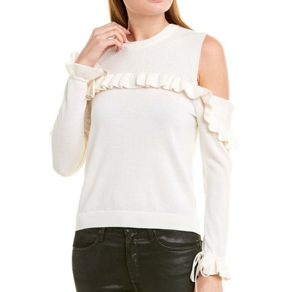 The Kooples Cold Shoulder Ruffle Merino Wool Knit flounce Sweater 3 cream large - Picture 1 of 15